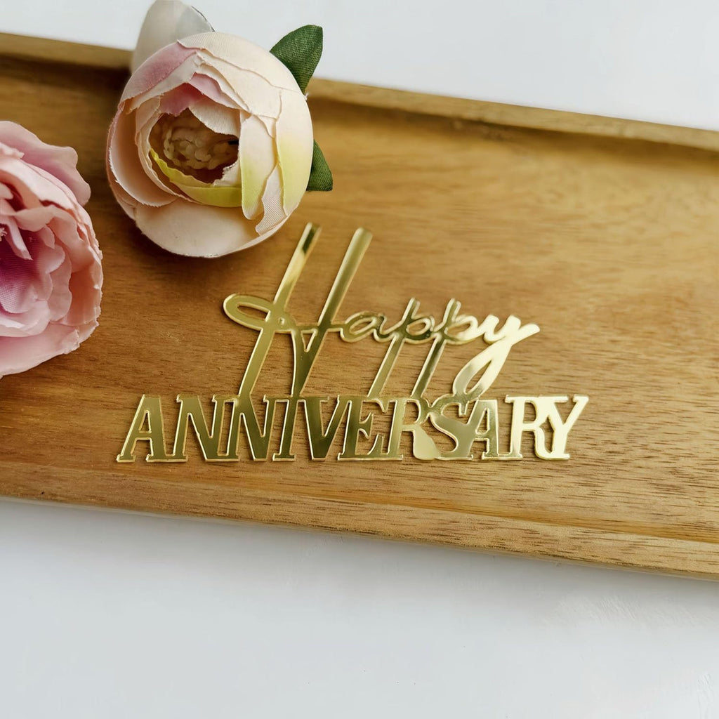 Happy Anniversary Topper, Gold Acrylic Party Cake Side Decoration, Company Anniversary Sign Decoration Cake Charm for Valentine's Day Wedding Party Supplies (Gold)