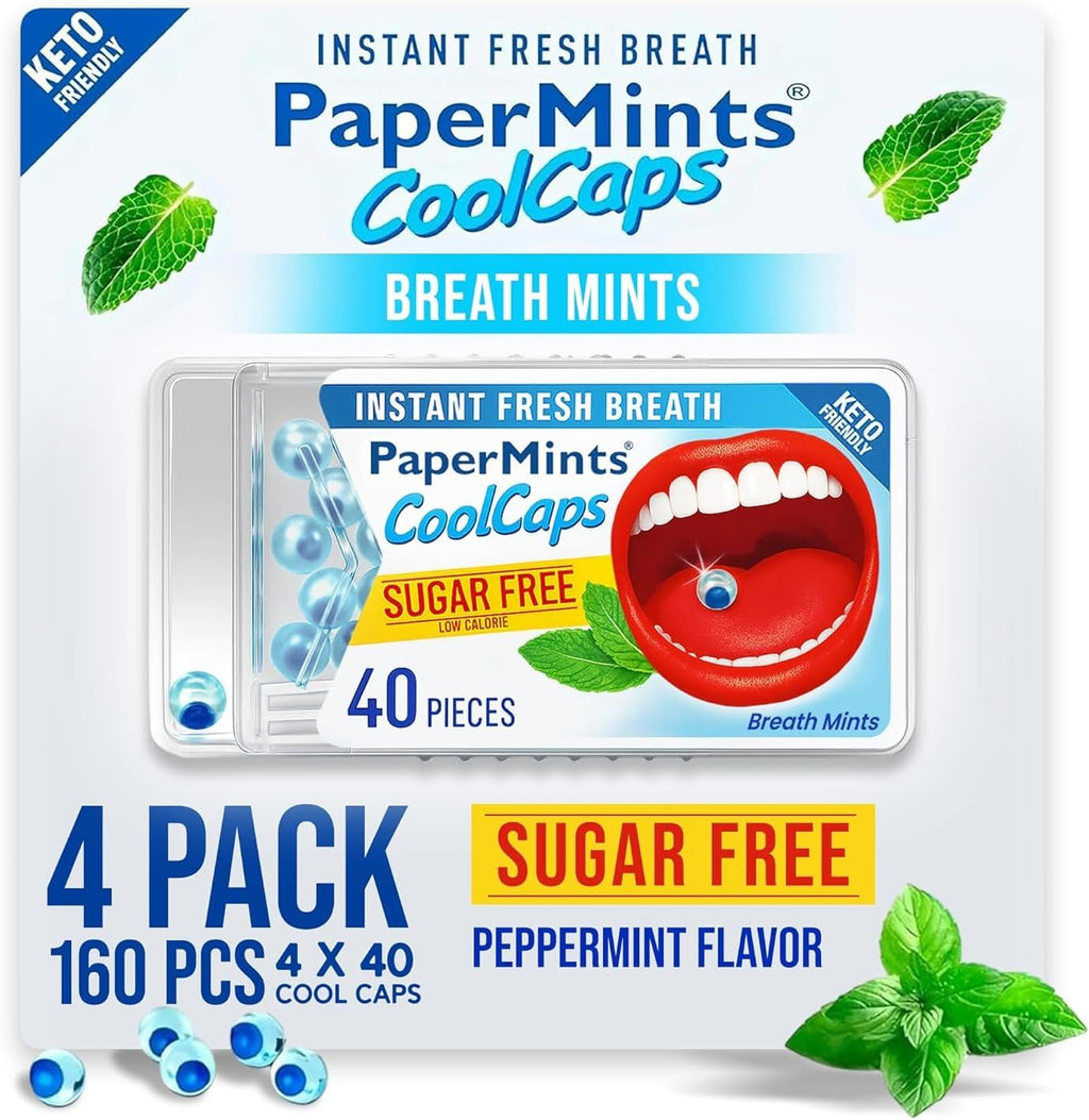 PaperMints CoolCaps Peppermint Breath Mints - Dual Action Liquid Capsules - Instant Fresh Breath Freshener, Fast-Disolves, Sugar-Free Mint Capsules 4 Pack of 40 pieces - 160 Total.