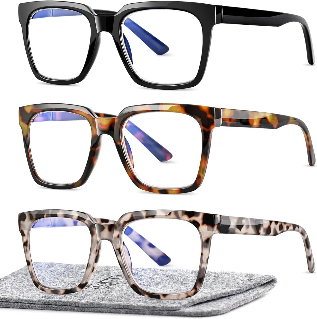 EASY READ 3 Pairs Reading Glasses for Women, Squre Computer Blue Light Blocking Anti UV Readers with Spring Hinge