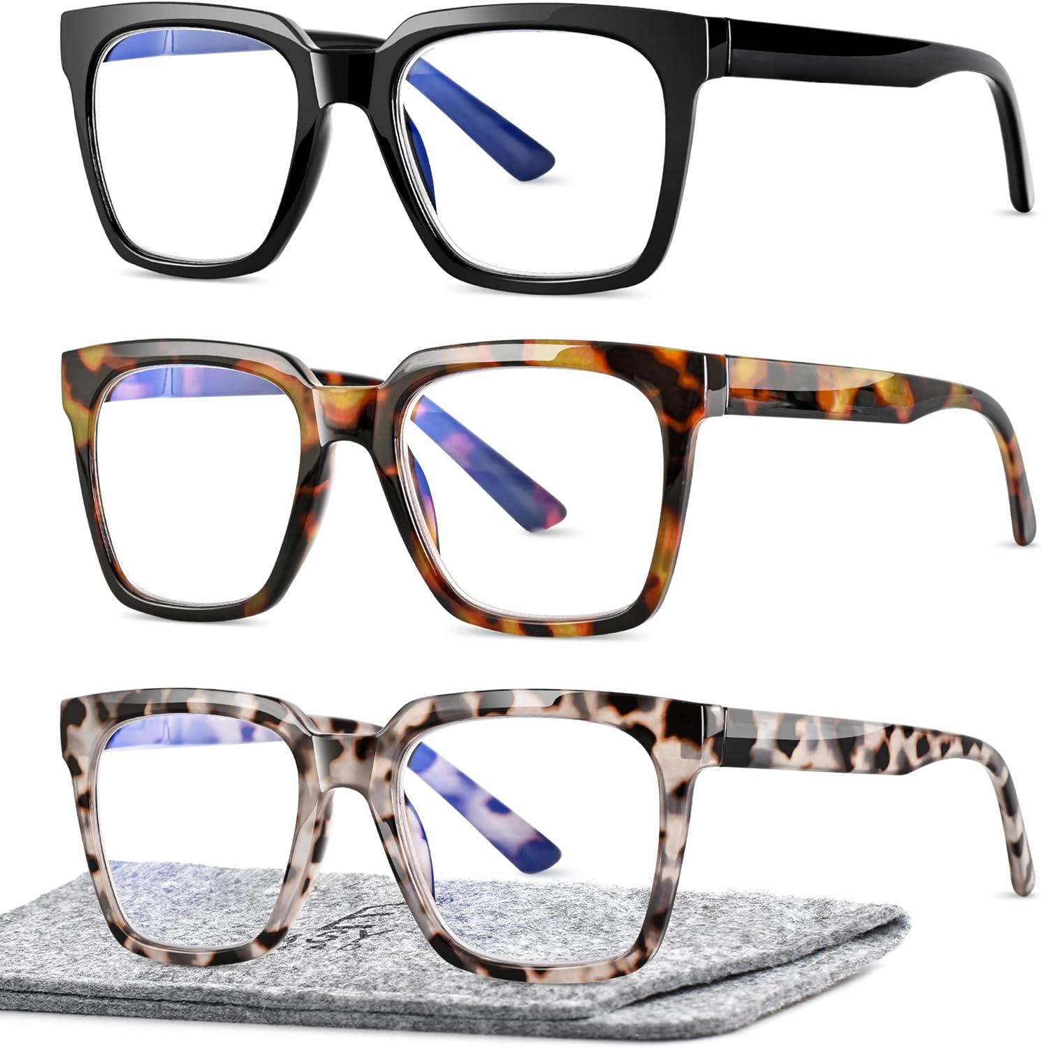 EASY READ 3 Pairs Reading Glasses for Women, Squre Computer Blue Light Blocking Anti UV Readers with Spring Hinge