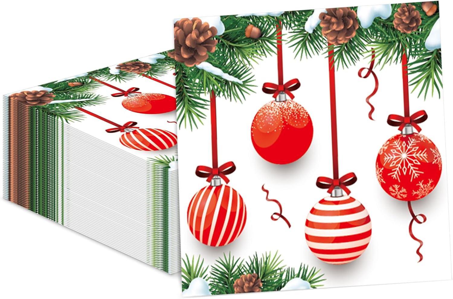 50pcs Christmas Guest Napkins 3 Ply Holiday Disposable Paper Pack Christmas balls Paper Luncheon Dinner Hand Napkins Christmas tree Theme Beverage Disposable Napkins for Xmas Party