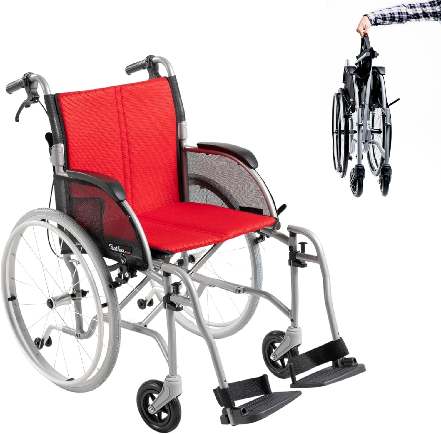 FeatherMobility - Red Lightweight Folding Wheelchair - 13.5 lbs, 18" Seat Width - with Swingaway Legrests, Anti-tippers, and Quick Release Wheels - 300 lbs Capacity