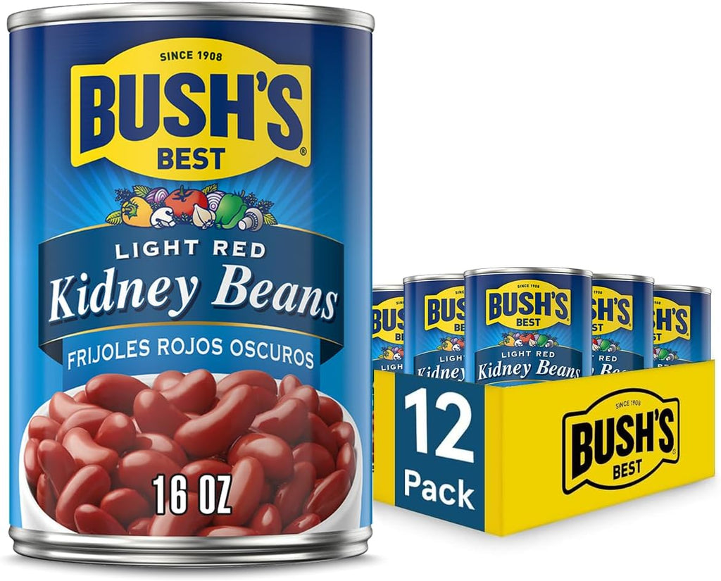 BUSH'S BEST 16 oz Light Red Kidney Beans, Canned Beans, Kidney Beans Canned, Source of Plant Based Protein and Fiber, Low Fat, Gluten Free, (Pack of 12)
