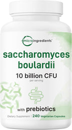 Micro Ingredients Saccharomyces Boulardii Probiotics 10 Billion CFU with Prebiotics, 240 Vegetarian Capsules | 2-in-1 Probiotic & Prebiotic Blend | Added Inulin from Chicory Root | Non-GMO