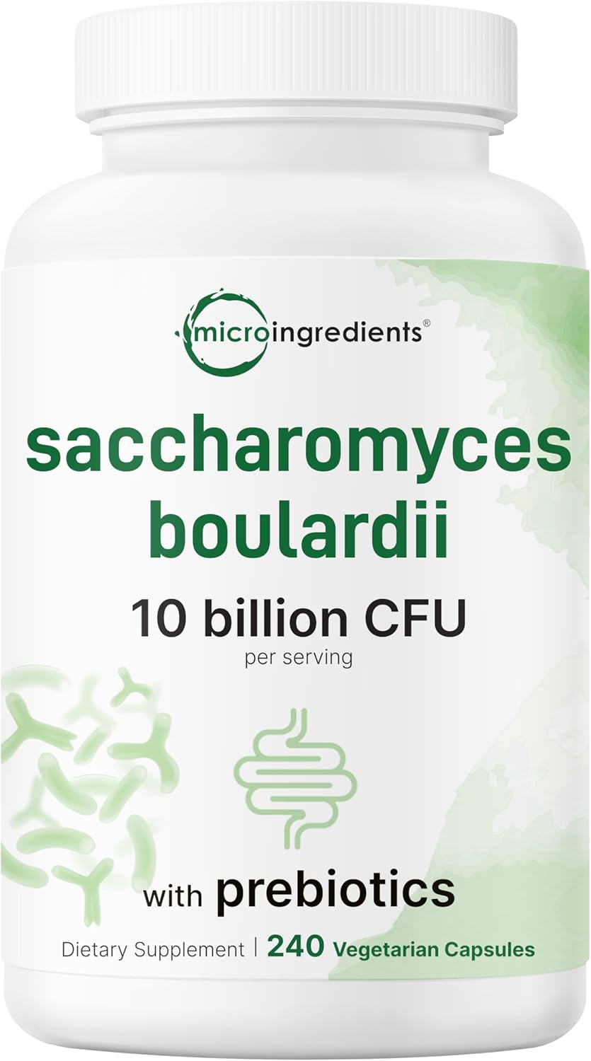 Micro Ingredients Saccharomyces Boulardii Probiotics 10 Billion CFU with Prebiotics, 240 Vegetarian Capsules | 2-in-1 Probiotic & Prebiotic Blend | Added Inulin from Chicory Root | Non-GMO