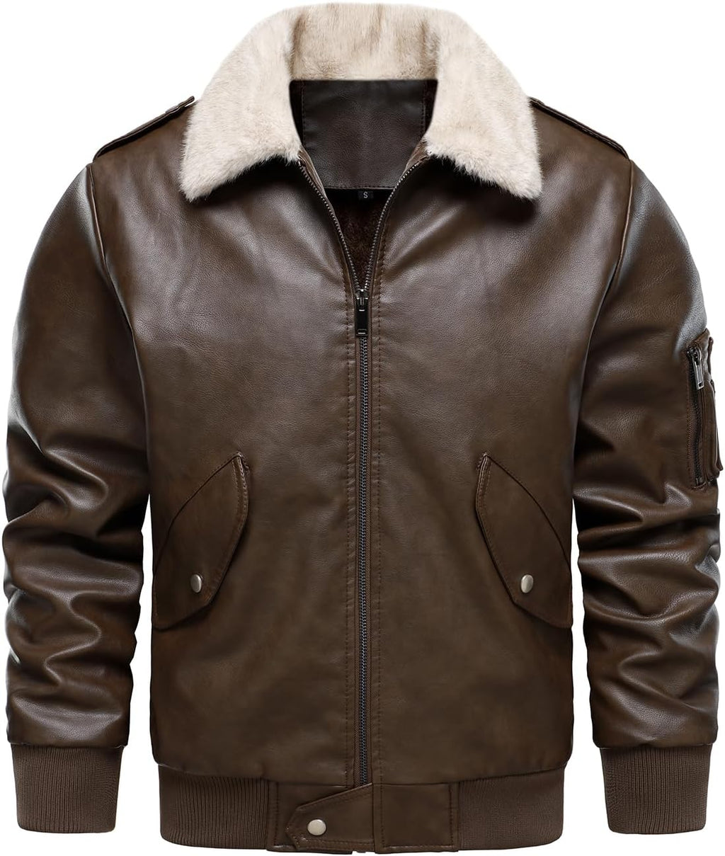 HOOD CREW Men’s Faux Leather Aviator Bomber Jacket with Fur Collar Warm Fleece Lined Biker Jackets Vintage Winter Coats