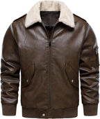 HOOD CREW Men’s Faux Leather Aviator Bomber Jacket with Fur Collar Warm Fleece Lined Biker Jackets Vintage Winter Coats
