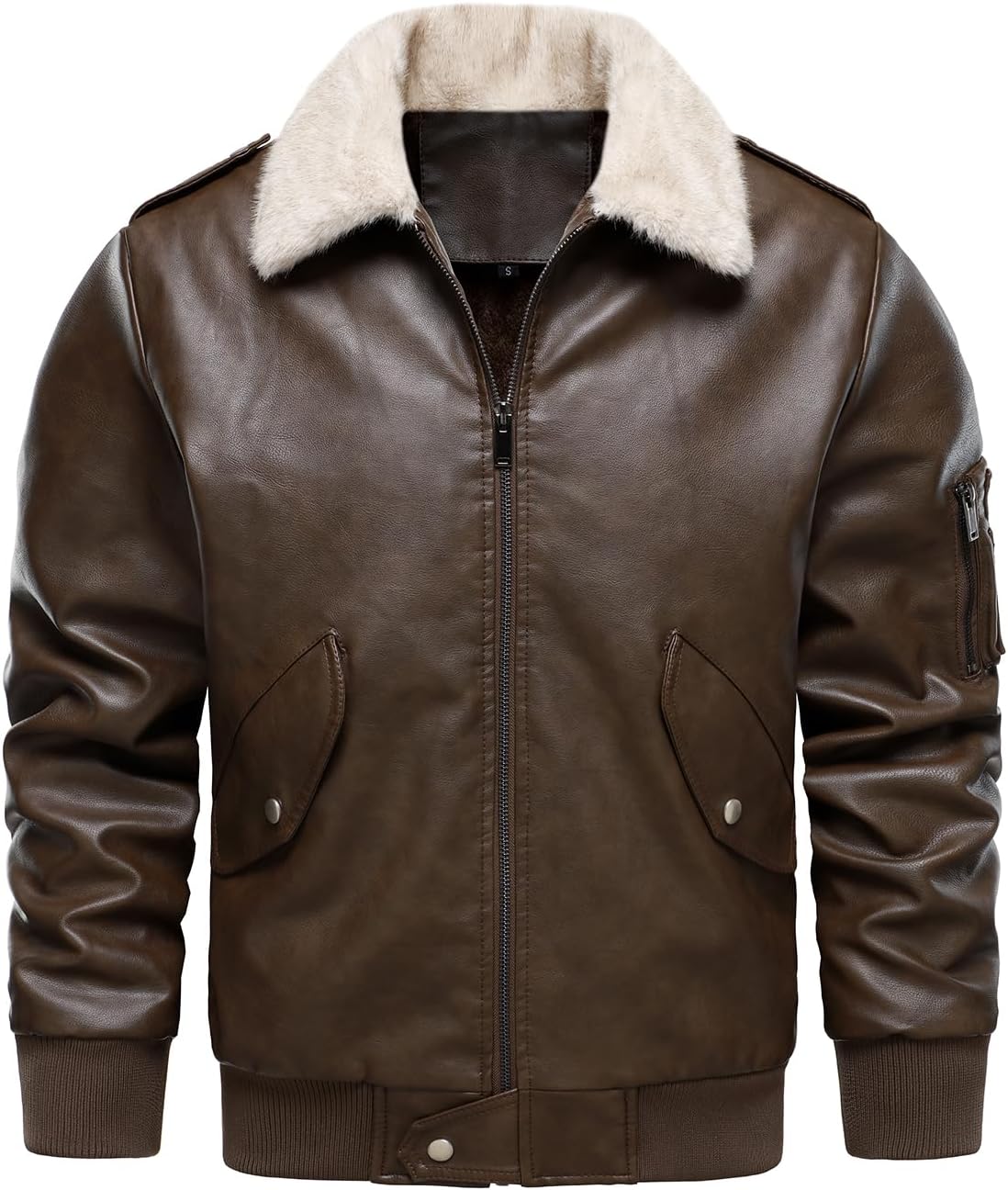 HOOD CREW Men’s Faux Leather Aviator Bomber Jacket with Fur Collar Warm Fleece Lined Biker Jackets Vintage Winter Coats
