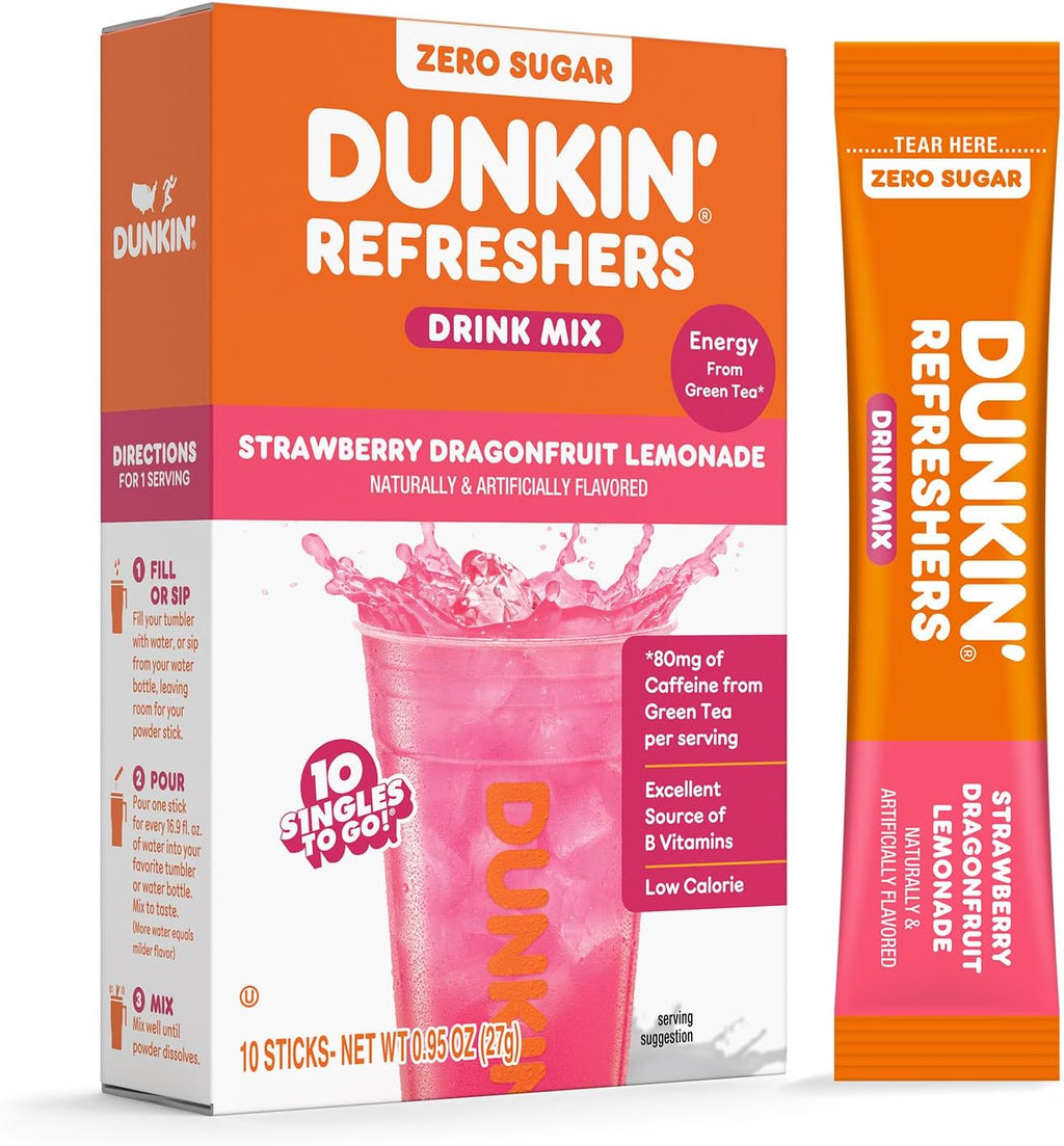 Dunkin’ Zero Sugar Refreshers Singles To Go! Powdered drink mix packets, Strawberry Dragonfruit Lemonade, 10 packets per box , Energy from Green Tea, aspartame-free, no synthetic colors, naturally and artificially flavored, just add water