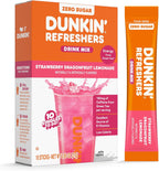 Dunkin’ Zero Sugar Refreshers Singles To Go! Powdered drink mix packets, Strawberry Dragonfruit Lemonade, 10 packets per box , Energy from Green Tea, aspartame-free, no synthetic colors, naturally and artificially flavored, just add water
