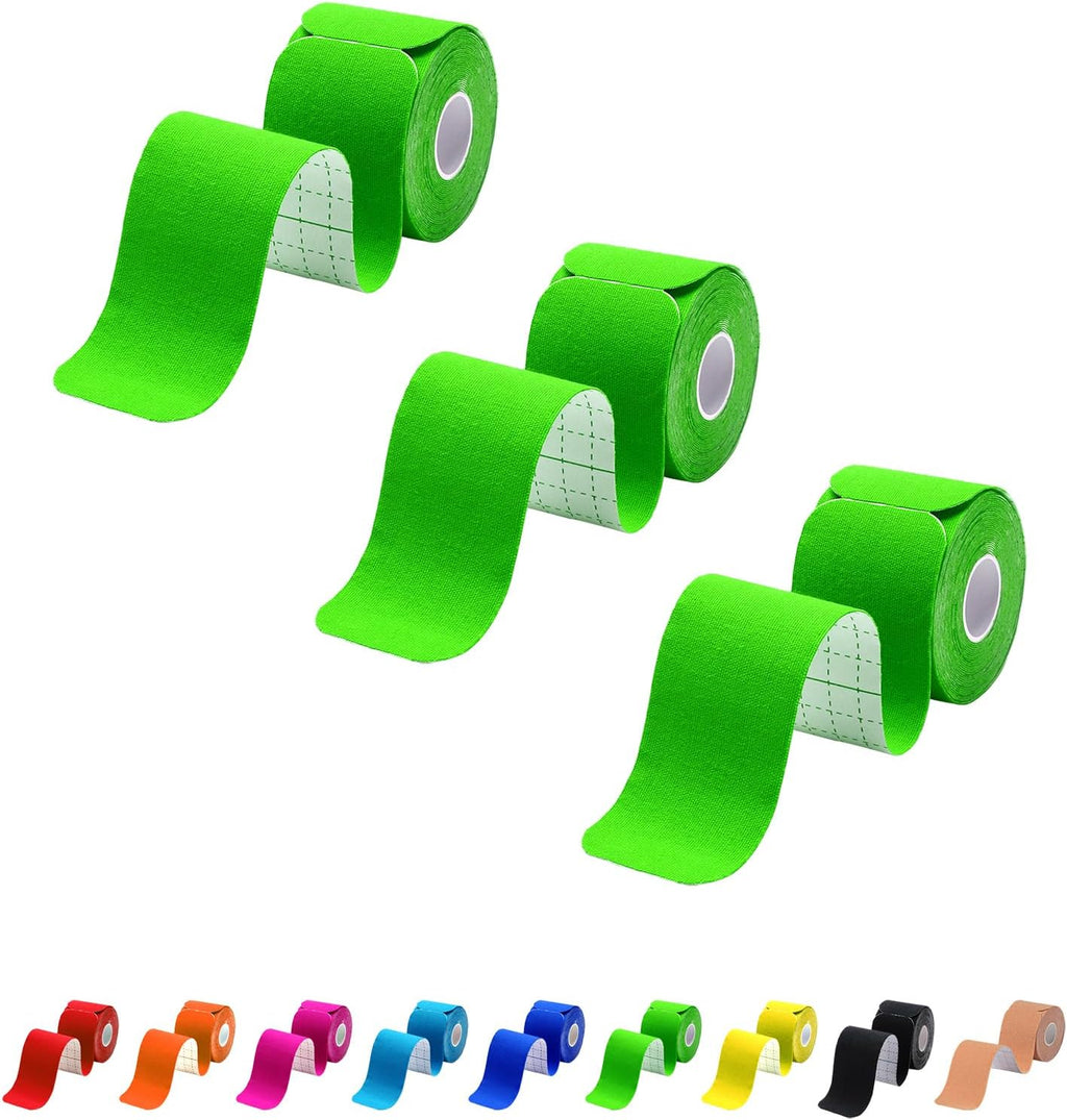 Kinesiology Tape Precut 3 Rolls, Athletic Sports Tape for Muscle Joints Support, 60 Strips for Knee Ankle Shoulder Wrist, Latex Free and Water Resistant, Green