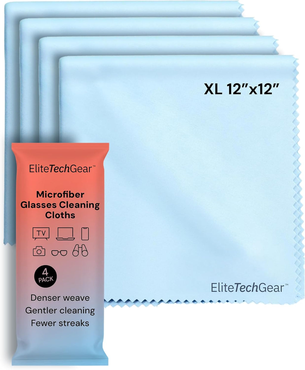 Elite Tech Gear Large Eye Glass Clean Cloths (4-Pack) 12" x 12" - Streak-Free, Oversized Microfiber Cleaning Cloths for Glasses, Camera Lenses, Tablets and TVs (Blue)