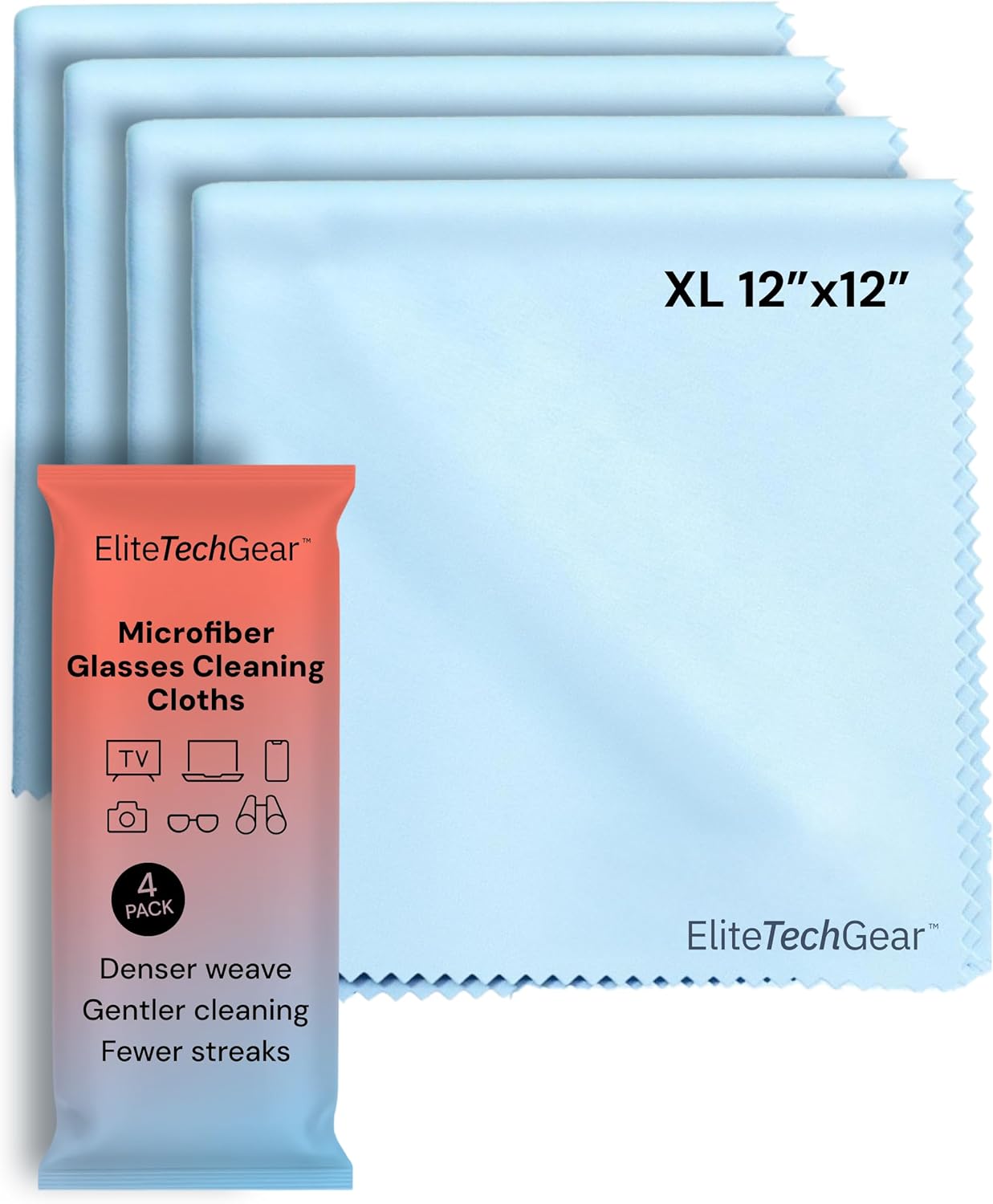 Elite Tech Gear Large Eye Glass Clean Cloths (4-Pack) 12" x 12" - Streak-Free, Oversized Microfiber Cleaning Cloths for Glasses, Camera Lenses, Tablets and TVs (Blue)