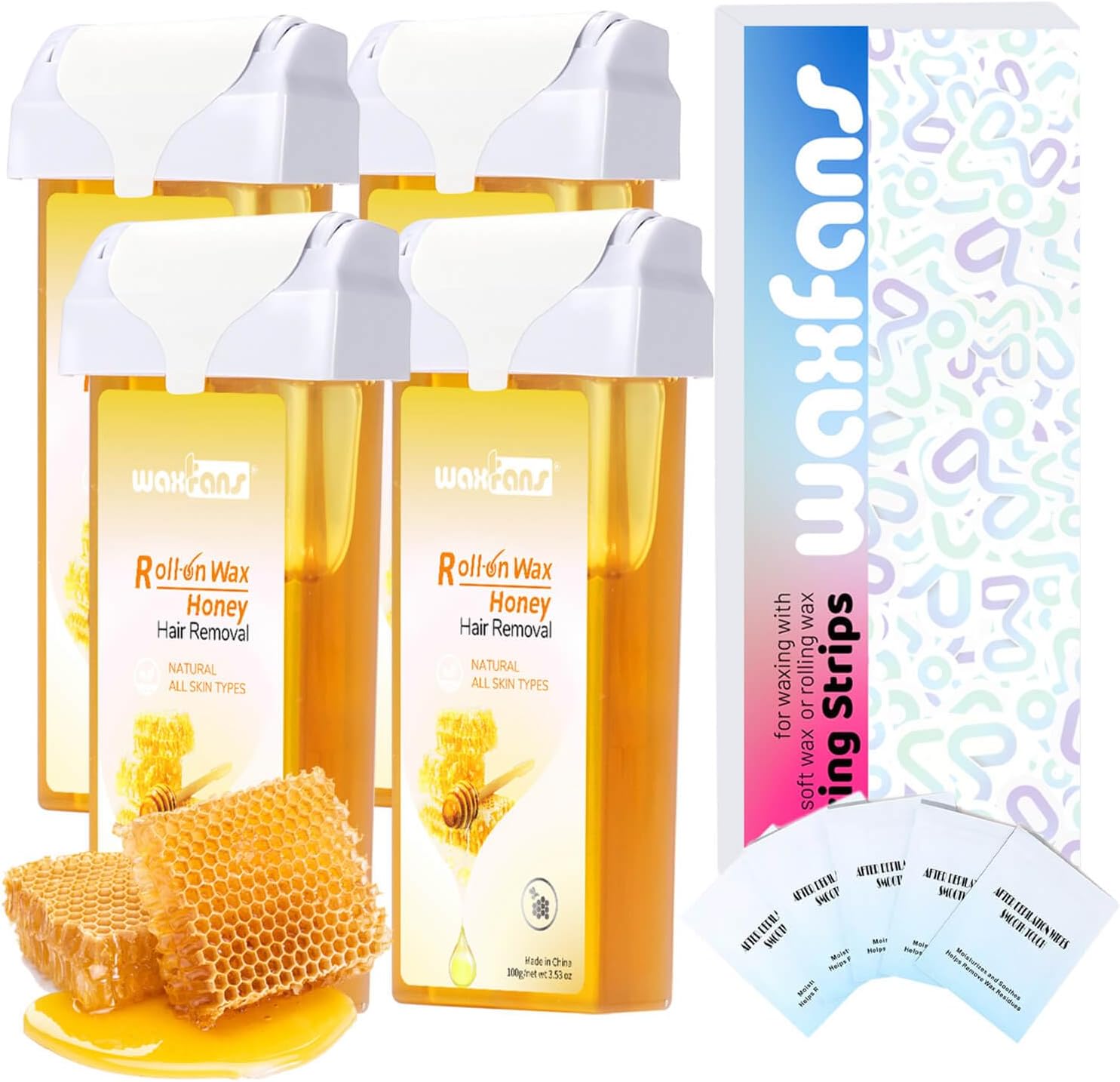 Waxfans Roll On Wax Refill,Waxing Roller Refill for Hair Removal,100% Natural,Quick Melting - For Coarse and Fine Hairs.with 3.53 Ounce(Pack of 4) Honey Wax Rollers, 50 Strips（Yellow)