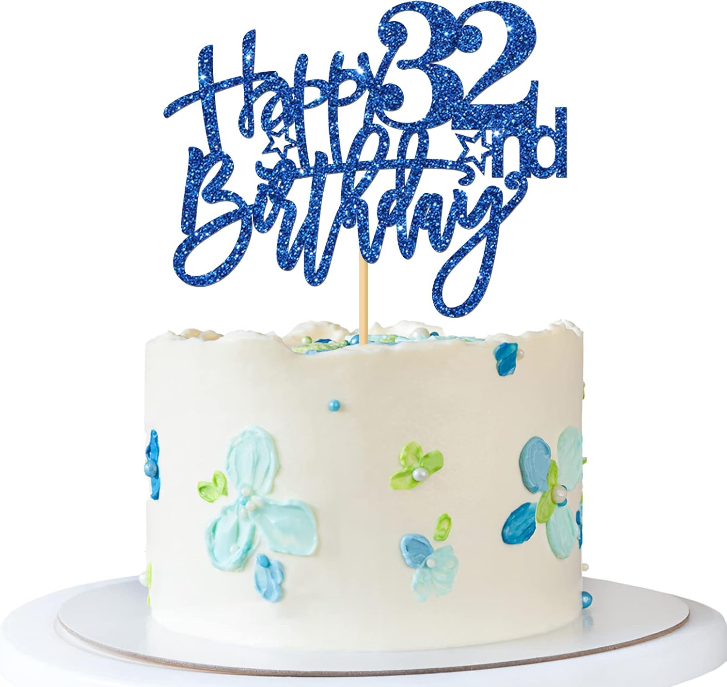 Happy 32nd Birthday Cake Topper - Adult Girl Boy Five Years Old Birthday Cake Supplies - 32nd Bday Party Decorations - Blue Glitter