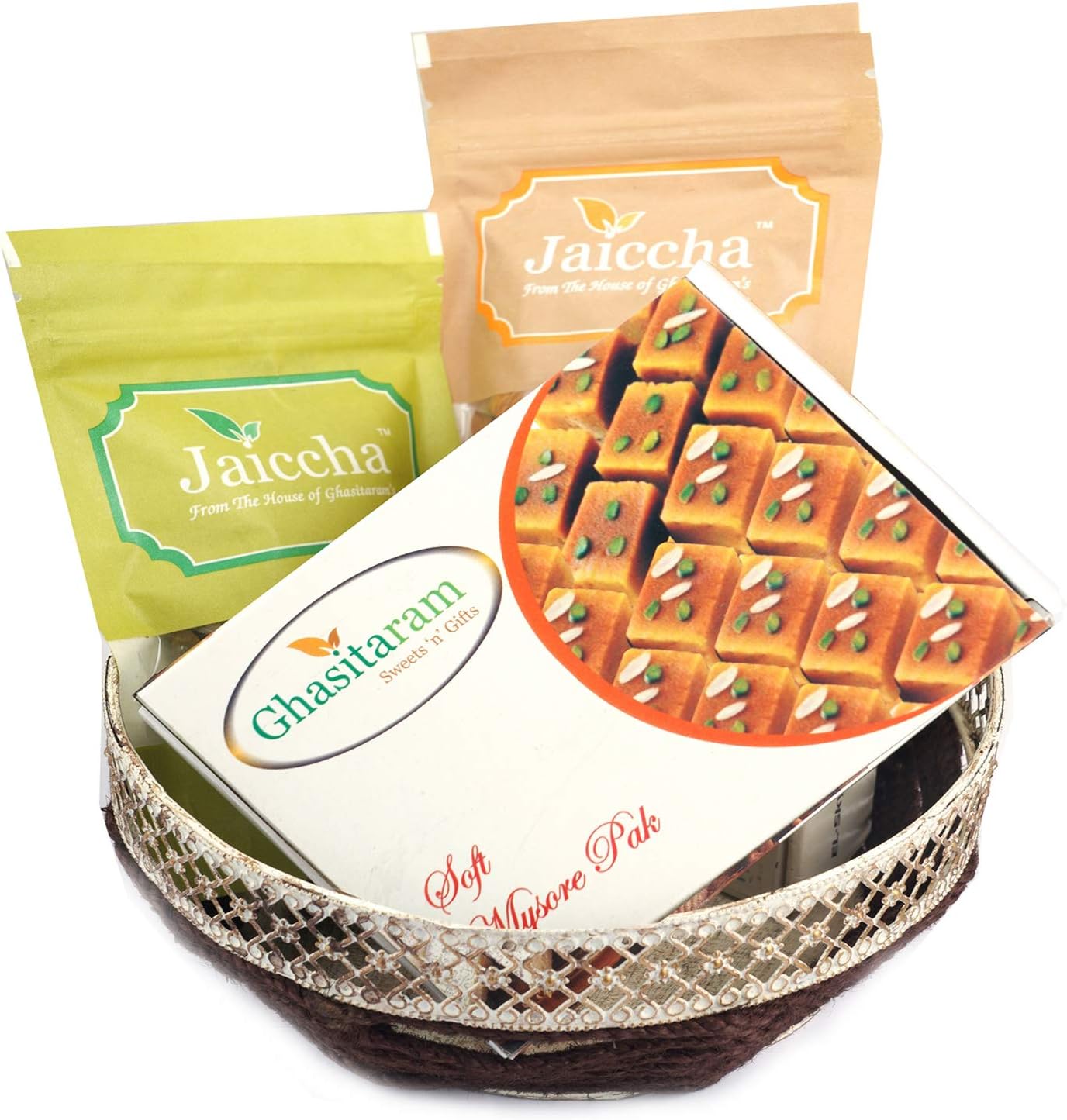 Ghasitaram Gifts Diwali Gifts Round Basket of Almonds, Raisins and Mysore Pak