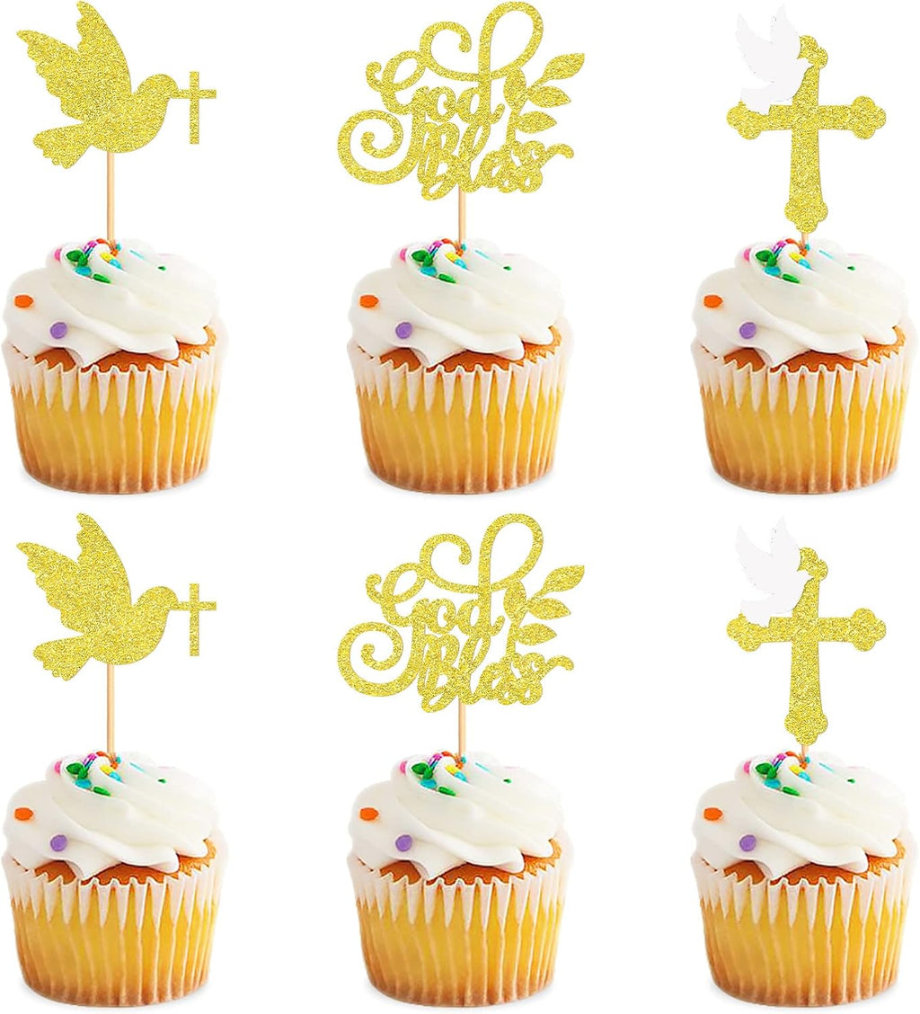 24Pcs Glitter Golden Cross Dove God Bless Cupcake Toppers First Holy Communion Cupcake Picks for Baptism Baby Shower Church Service Christian Birthday Party Cake Decorations