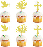 24Pcs Glitter Golden Cross Dove God Bless Cupcake Toppers First Holy Communion Cupcake Picks for Baptism Baby Shower Church Service Christian Birthday Party Cake Decorations