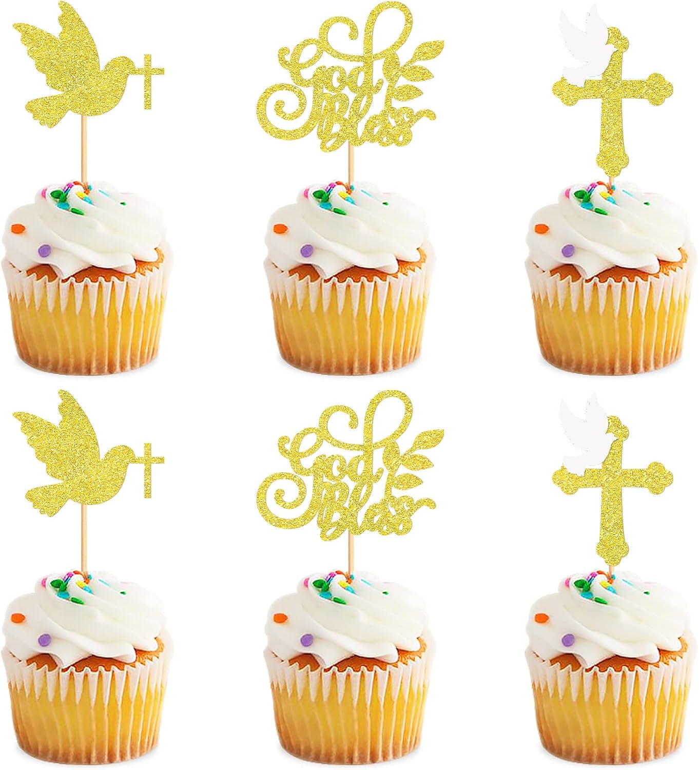 24Pcs Glitter Golden Cross Dove God Bless Cupcake Toppers First Holy Communion Cupcake Picks for Baptism Baby Shower Church Service Christian Birthday Party Cake Decorations