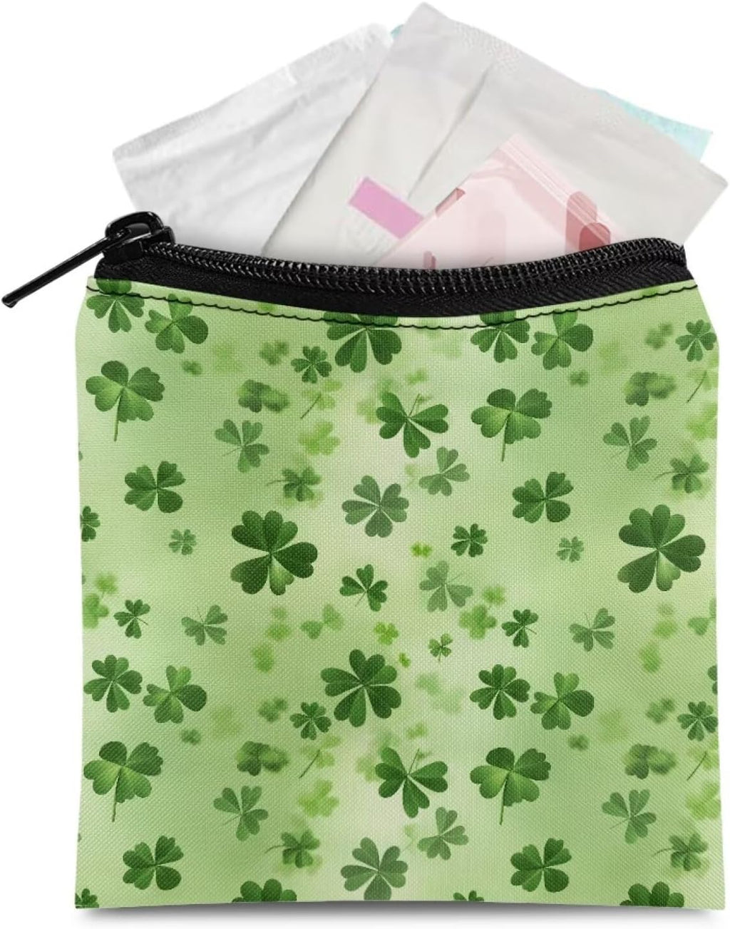 Clover Sanitary Napkin Storage Bag,St. Patrick's Day Gifts Portable Period Bag for Women,Sanitary Napkin Period Pad Pouch Tampon Holder for Purse,Mini Make Up Bags,Green
