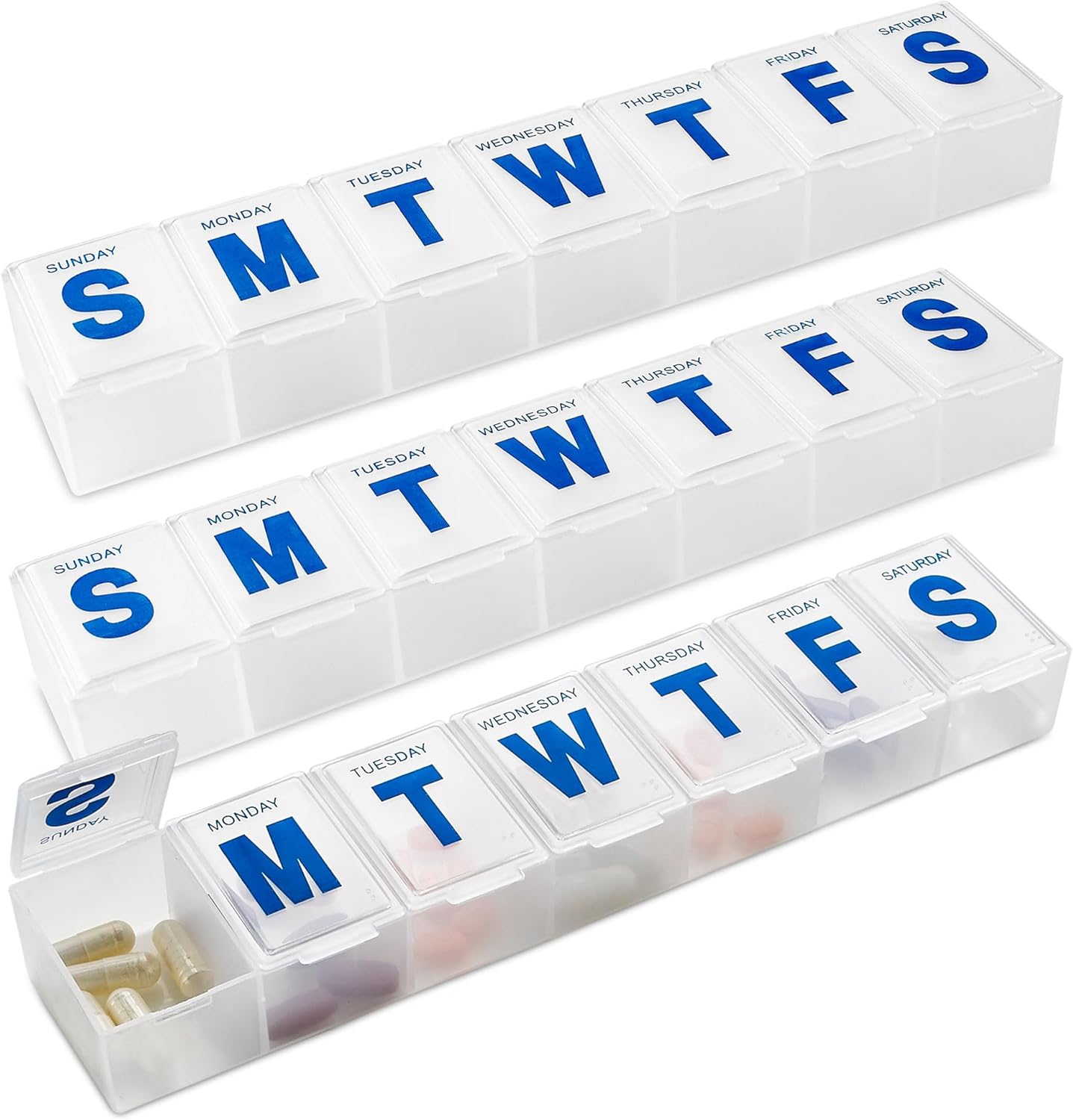 Weekly Pill Organizer - 7-Day Pill Planner Extra Large Pill Planner and Daily Pill Organizer and Medicine Reminder, Monday to Sunday Compartments - BPA Free - Travel Pill Box Case (Pack of 3)