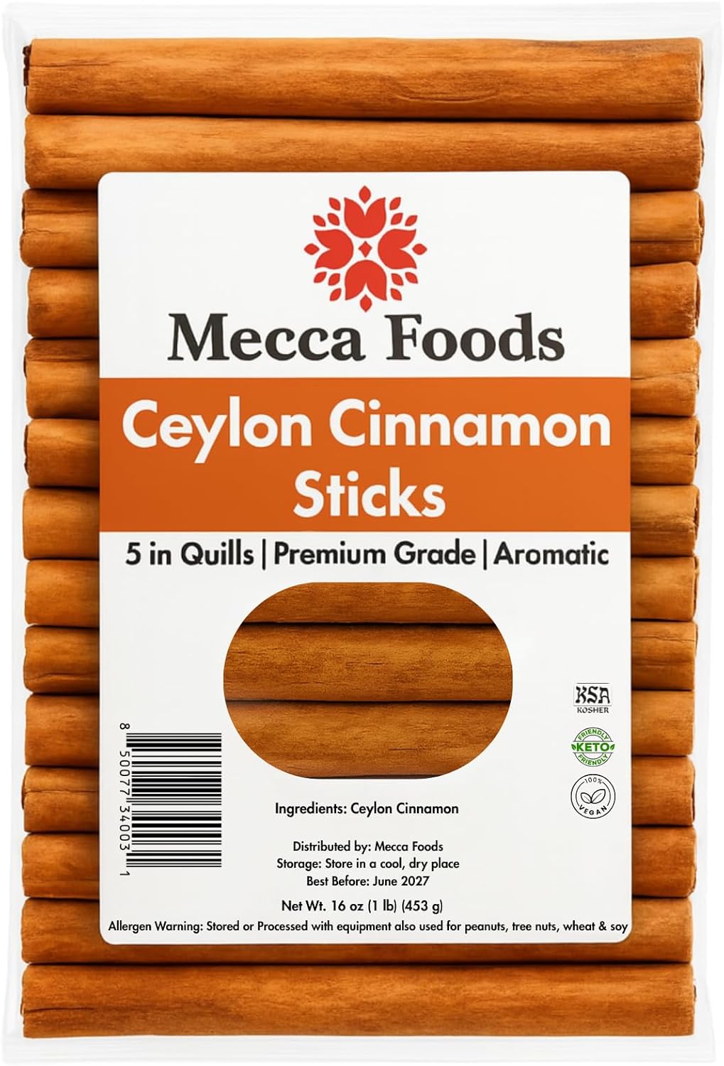 Ceylon Cinnamon Sticks – 1LB | True Cinnamon Quills (Canela en Rama) – Pure & Sweet | Non-GMO, Premium Grade, Fresh from Sri Lanka by Mecca Foods