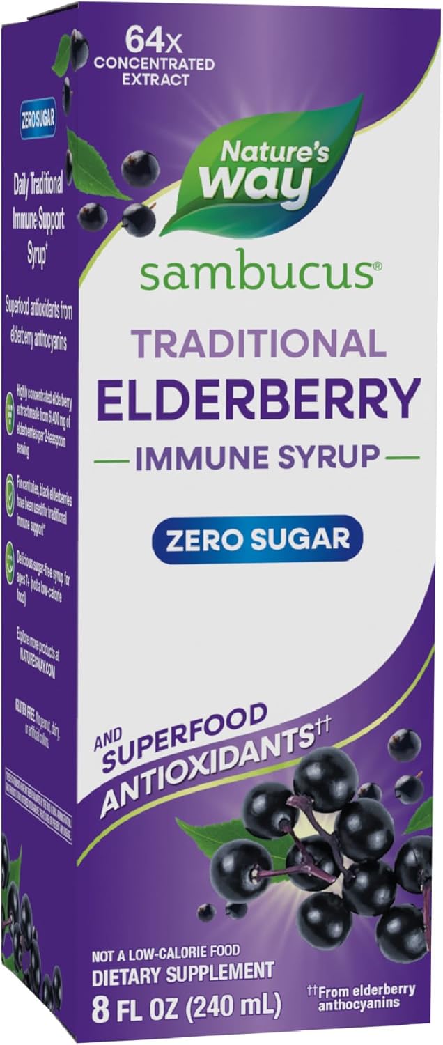 Nature’s Way Sambucus Zero Sugar Traditional Immune Syrup, Highly Concentrated Black Elderberry Extract, Traditional Immune Support*, Sugar-Free, Berry Flavored, 8 Fl Oz (Packaging May Vary)