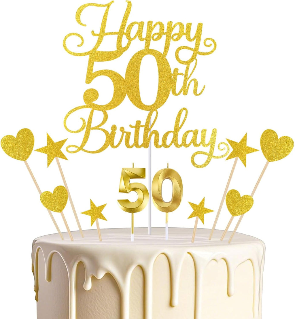 Happy 50th Birthday Cake Topper for 50th Birthday Decorations Numeral 50 Candle with Glitter Heart Cupcake Picks Set for Men Women Hello 50 Birthday Anniversary Party Cake Decor Supplies（GOLD）