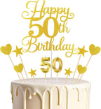 Happy 50th Birthday Cake Topper for 50th Birthday Decorations Numeral 50 Candle with Glitter Heart Cupcake Picks Set for Men Women Hello 50 Birthday Anniversary Party Cake Decor Supplies（GOLD）