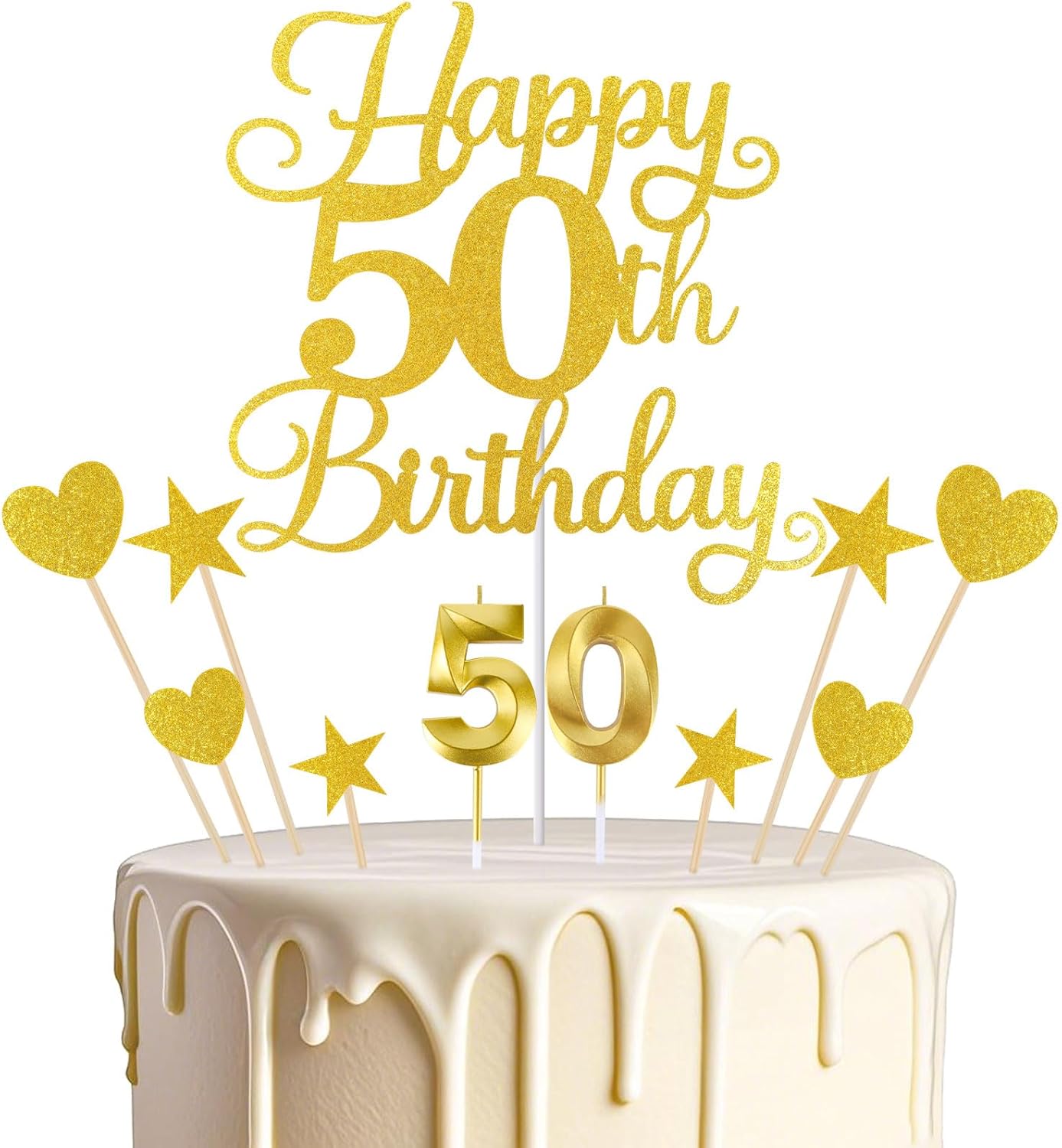 Happy 50th Birthday Cake Topper for 50th Birthday Decorations Numeral 50 Candle with Glitter Heart Cupcake Picks Set for Men Women Hello 50 Birthday Anniversary Party Cake Decor Supplies（GOLD）