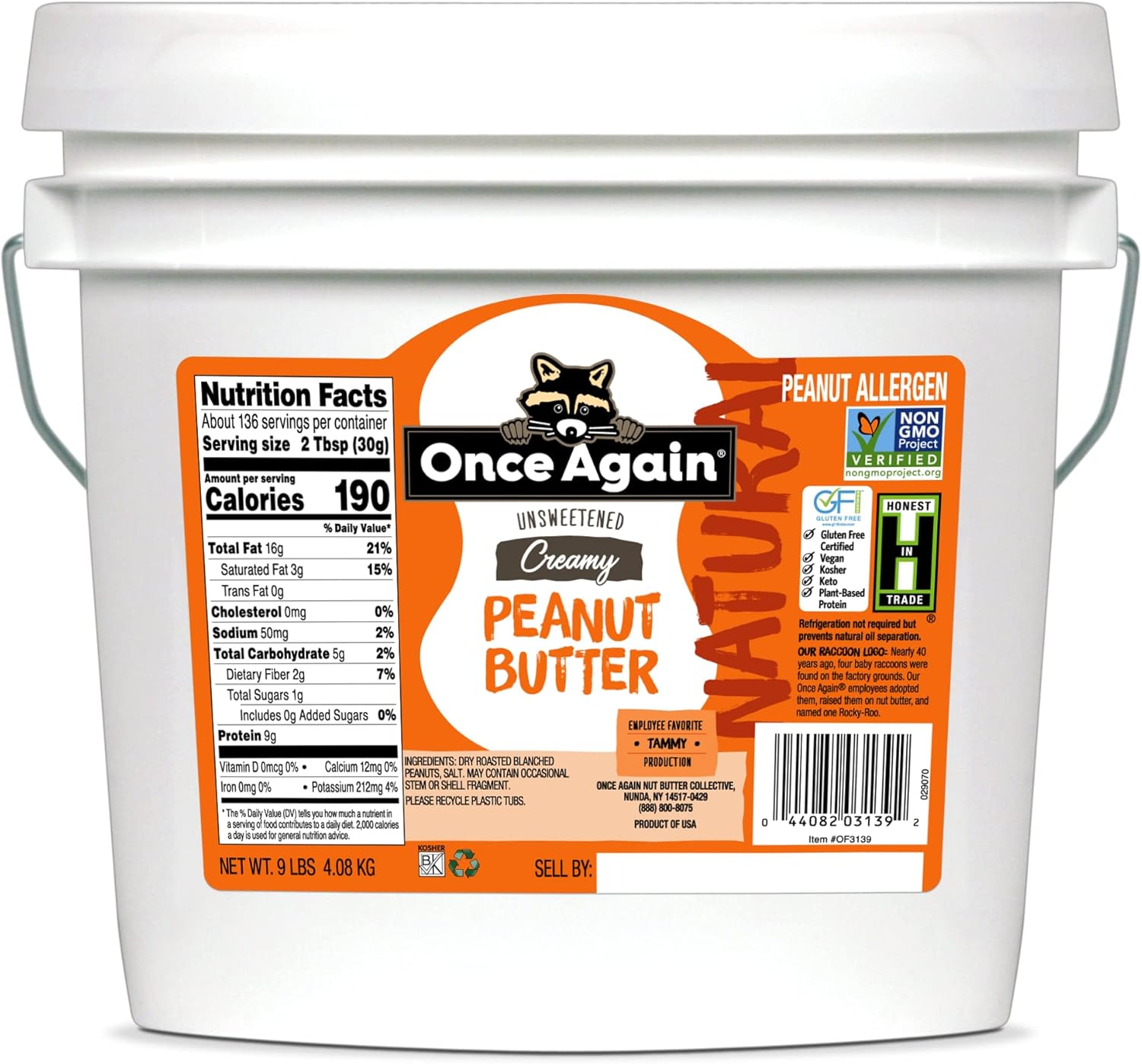 Once Again Natural, Creamy Peanut Butter, 9lb Bucket (same as 9 jars) - Lightly Salted, Unsweetened - Gluten Free Certified, Vegan, Kosher, Non-GMO Verified