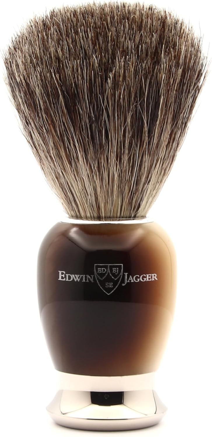 Edwin Jagger Simulated Horn Pure Badger Hair Shaving Brush with Nickel Plated Collar and End Cap