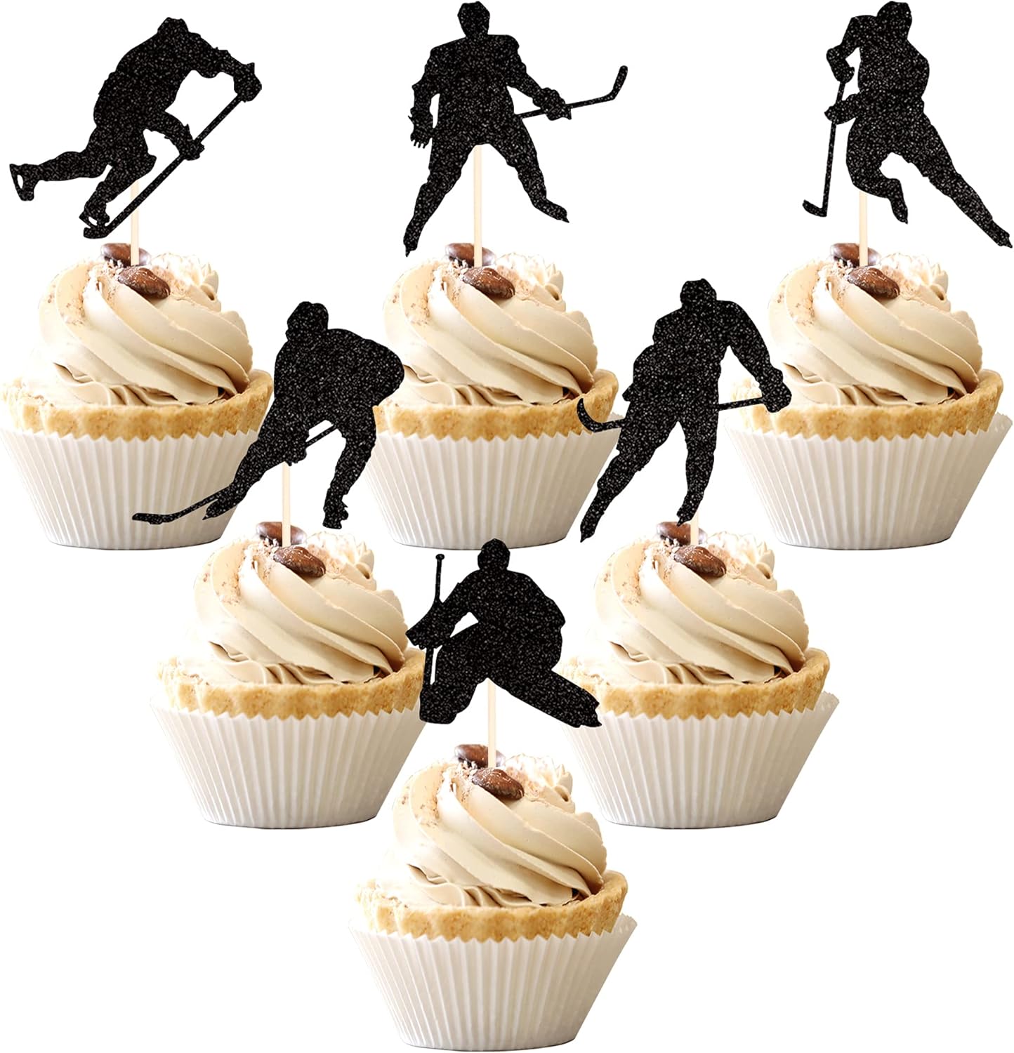 24 PCS Hockey Cupcake Toppers Black Glitter Hockey Players Cupcake Picks Ice Hockey Sports Theme Baby Shower Boys Girls Birthday Party Cake Decorations Supplies
