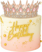 8 Pcs Pink Queen Crown Cake Topper for Women, Happy Birthday Cake Toppers Foam Balls Rhinestone Crystal Tiara Wedding Decoration for Princess Party Photo Props