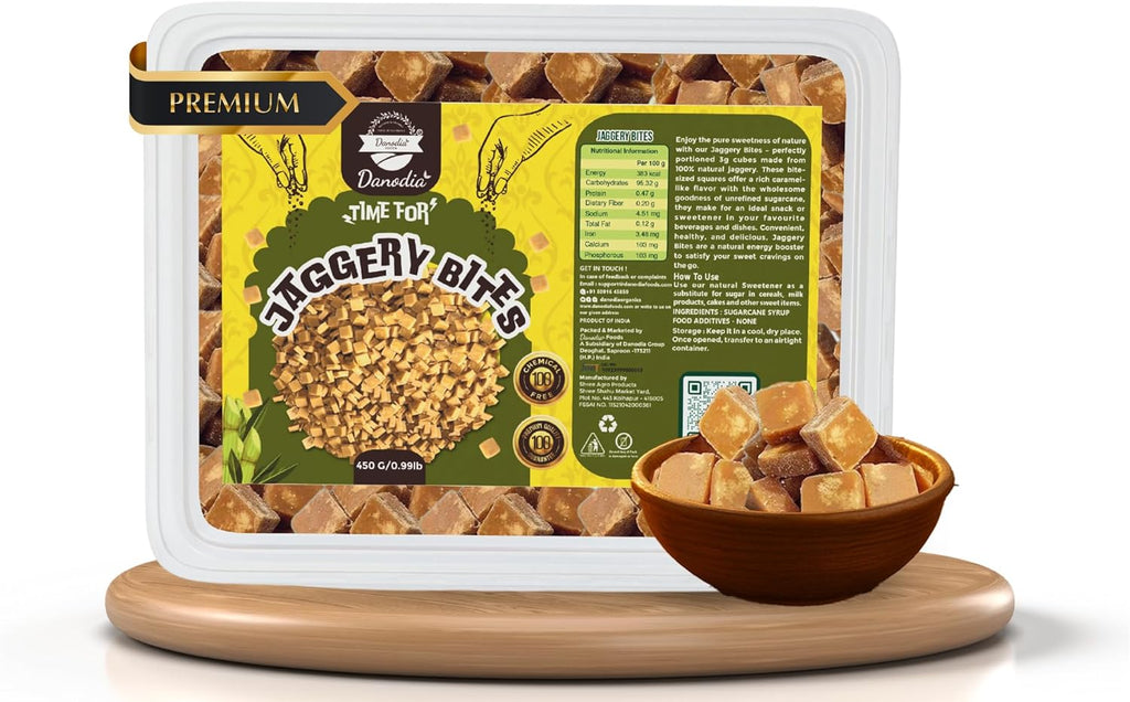 Danodia Foods Organic Snackable Jaggery Bites 1 lb (450g), Pure & Natural, No Additives Sweetener, Vegan & Gluten-Free, Nutrient-Rich Alternative to Refined Sugar for Tea & Coffee, Indian Origin