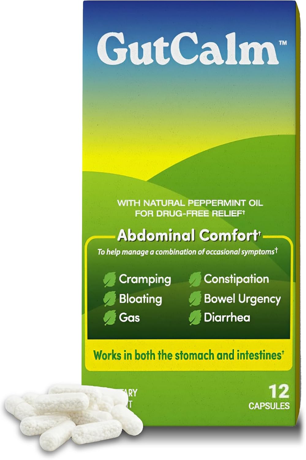 GutCalm - IBS Relief - Peppermint Oil Capsules - Bloating, Gas, Constipation and Digestive Comfort Supplement - 12/ct