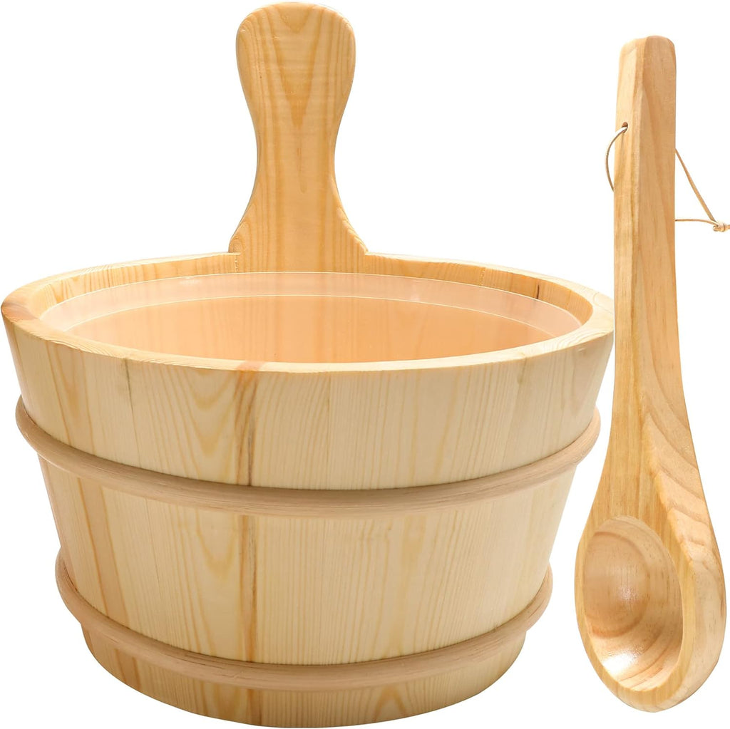Sauna Bucket and Ladle, Wooden Sauna Bucket Sauna Accessories for Men Women, Sauna Wood Bucket Set Cedar Made of Premium Finland Pinewood