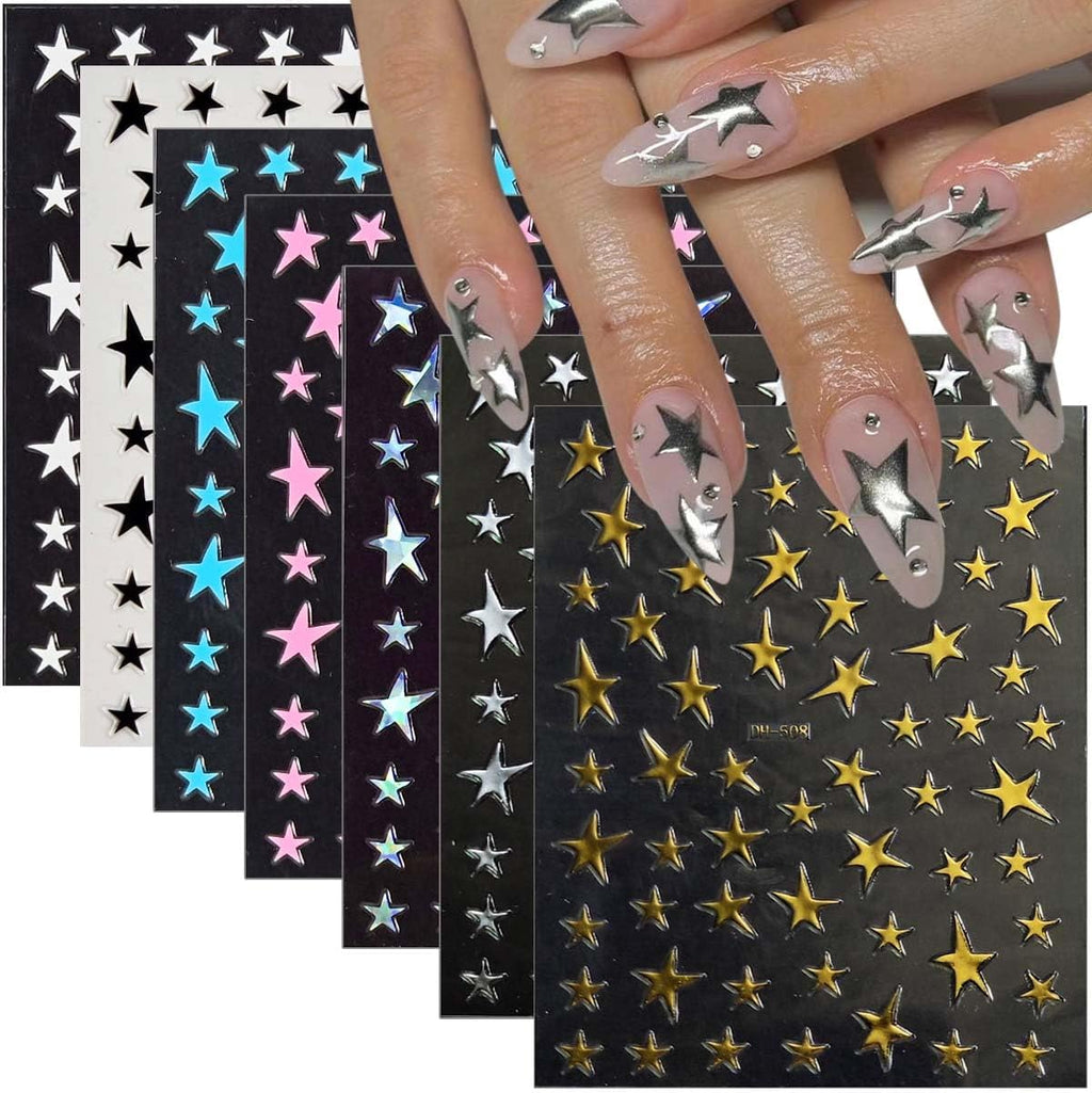 14 Sheets Y2k Star Nail Art Stickers, 7 Colors 3D Self-Adhesive Nail Decals with Gold Silver Black White Blue Pink Holographic Stars, 4th of July DIY Manicure Accessories for Women & Girls