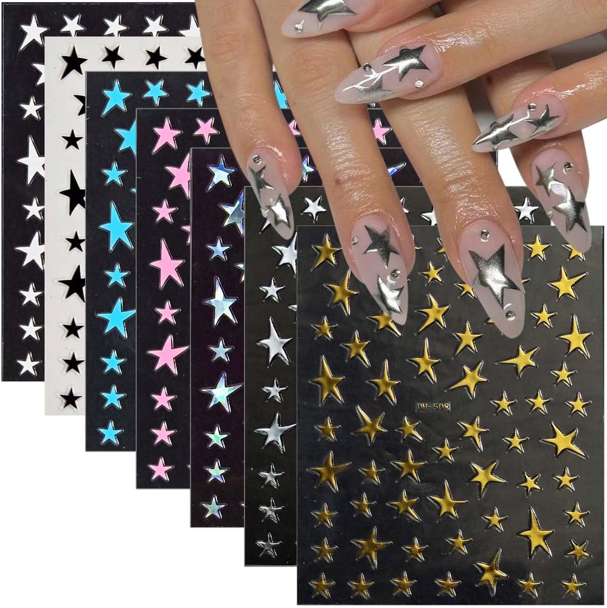 14 Sheets Y2k Star Nail Art Stickers, 7 Colors 3D Self-Adhesive Nail Decals with Gold Silver Black White Blue Pink Holographic Stars, 4th of July DIY Manicure Accessories for Women & Girls