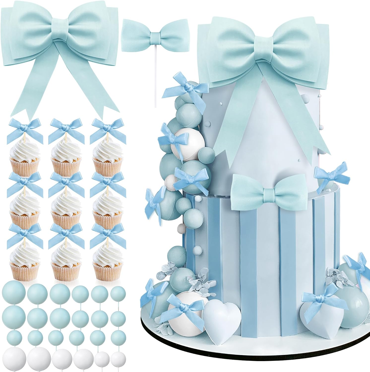 36 PCS Oversized Blue Bow Cake Toppers EVA Foam Bowknot Cakes Decorations Wedding Cake Topper for Birthday Baby Shower