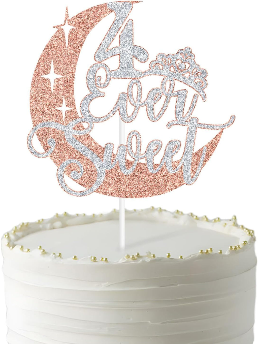 Four Ever Sweet Cake Topper, Four Ever Young, Hello 4, Cheers to 4 Years, Happy 4th Birthday Party Decorations for Kids Rose Gold and Silver Glitter