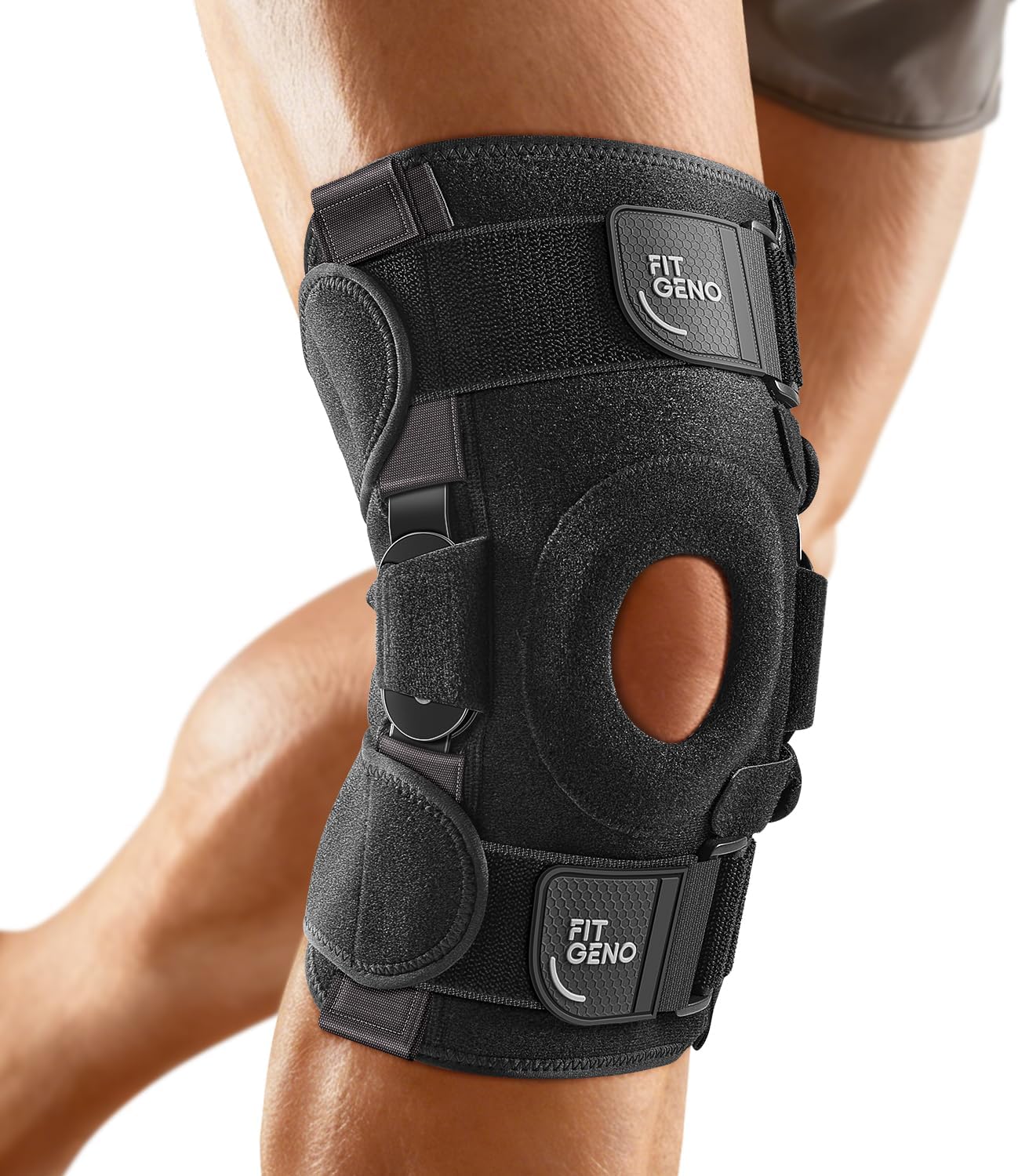 Fit Geno Hinged Knee Brace for Meniscus Tear: Adjustable Support for Knee Pain w/Built-in Side Stabilizers & Removable Metal Hinges for ACL MCL Injury or Surgery Recovery - Men and Women