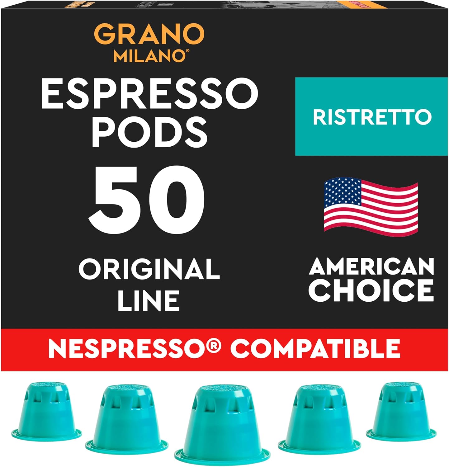 Grano Milano Ristretto - 50 Espresso Pods Compatible with Nespresso Original line, Medium Roast - Intensity 10/12, Espresso Coffee Capsules Made in Italy