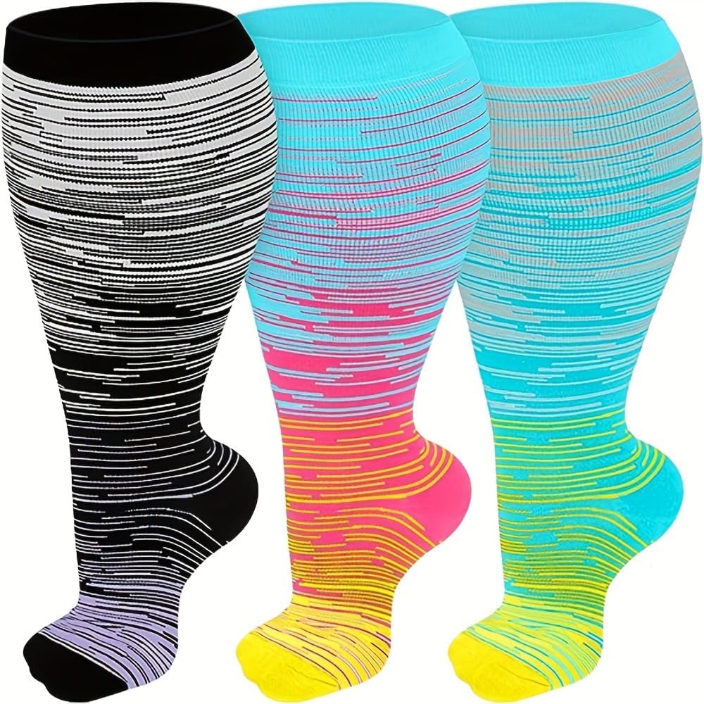 3 Pairs 15-20 Mmhg Compression Plus Size Socks For Women & Men, Gradient Stripe Knee-High Nylon Socks for Work & Sports