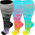 3 Pairs 15-20 Mmhg Compression Plus Size Socks For Women & Men, Gradient Stripe Knee-High Nylon Socks for Work & Sports