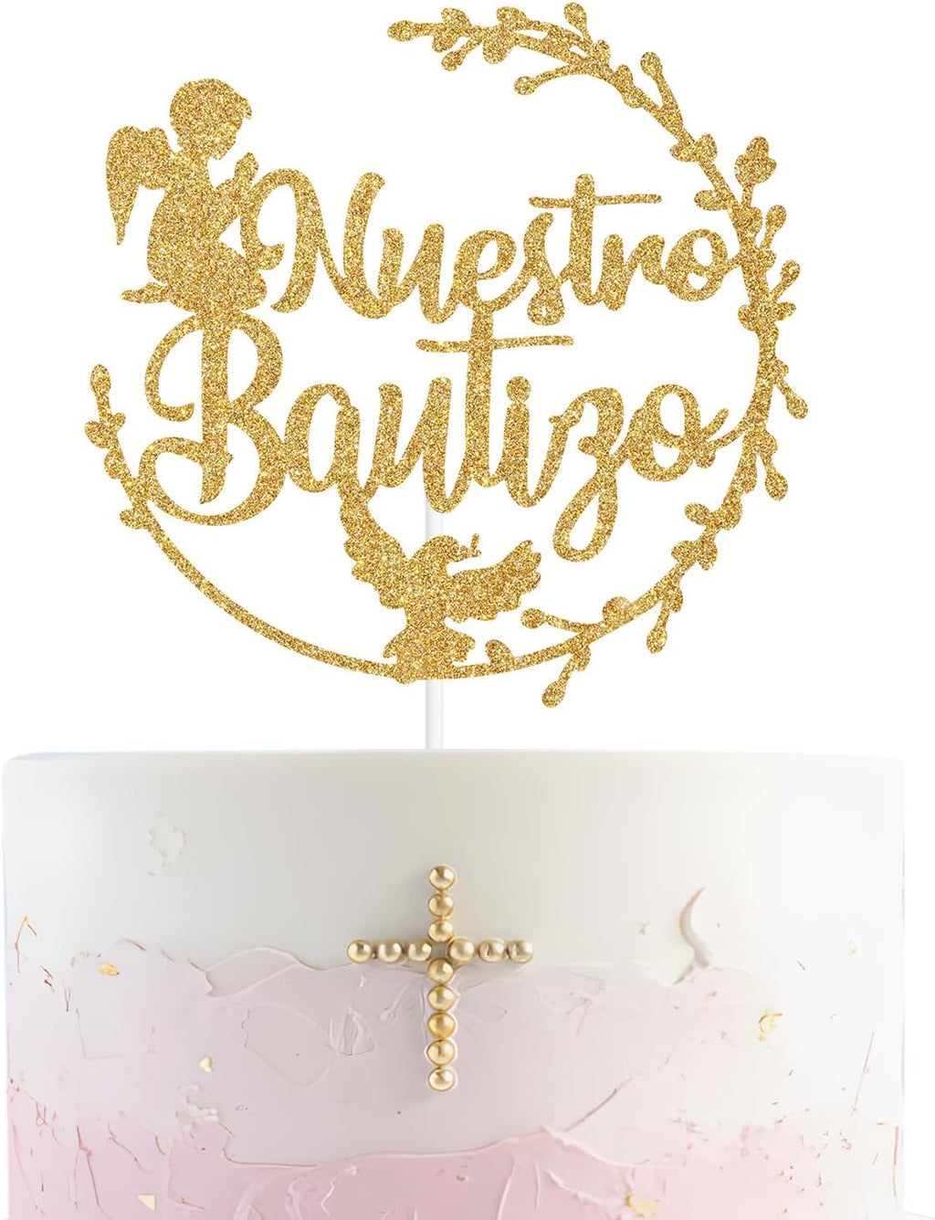 Spanish Nuestro Bautizo Cake Topper, First Holy Communion, Religious Baptism/Baby Shower/Wedding/Baby's 1st Birthday Party Decorations Gold Glitter