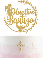 Spanish Nuestro Bautizo Cake Topper, First Holy Communion, Religious Baptism/Baby Shower/Wedding/Baby's 1st Birthday Party Decorations Gold Glitter