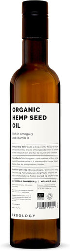 Erbology Organic Hemp Seed Oil 17 fl oz - Cold-Pressed - Rich in Omega-3 - Source of Vitamin D - Straight from Farm - Non-GMO - No Additives or Preservatives - Recyclable Glass Bottle