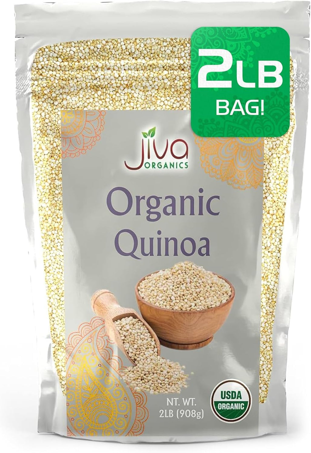 Jiva Organic White Whole Grain Quinoa 2 Pound Vacuum Sealed Bag - Ready to cook, Grown in India
