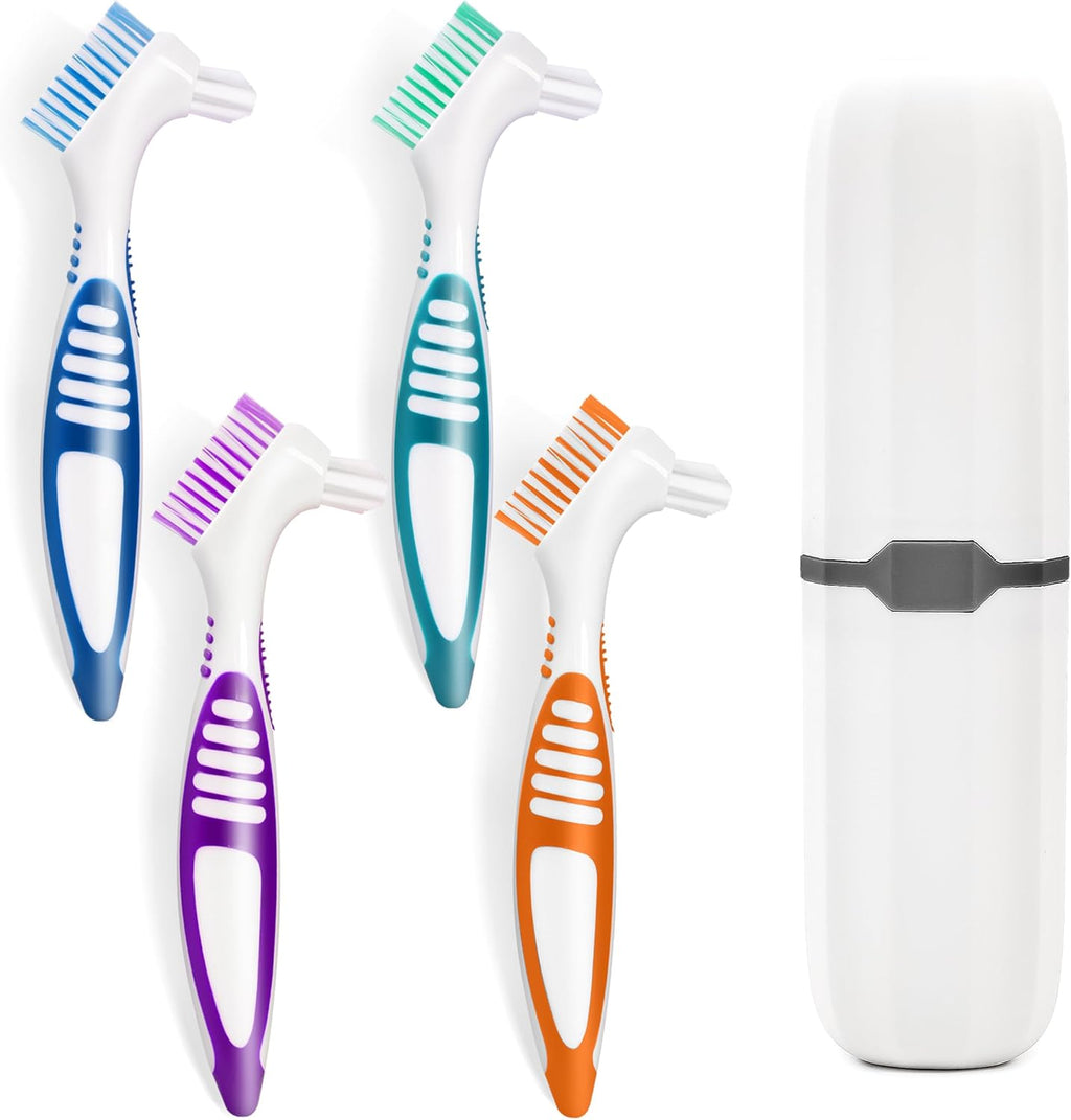 4 Pcs Denture Brush Set for False Teeth with White Carrying Case, Denture Toothbrushes with Double Sided Design, Dental Brush with Multi-Layered Soft Bristles and Rubber Anti-Slip Handle, 4 Colors